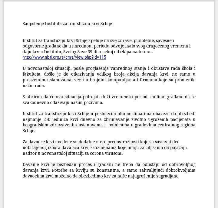 2020 03 19 DOPIS IZ INSTITUTA ZA TRANSFUZIJU KRVI 2