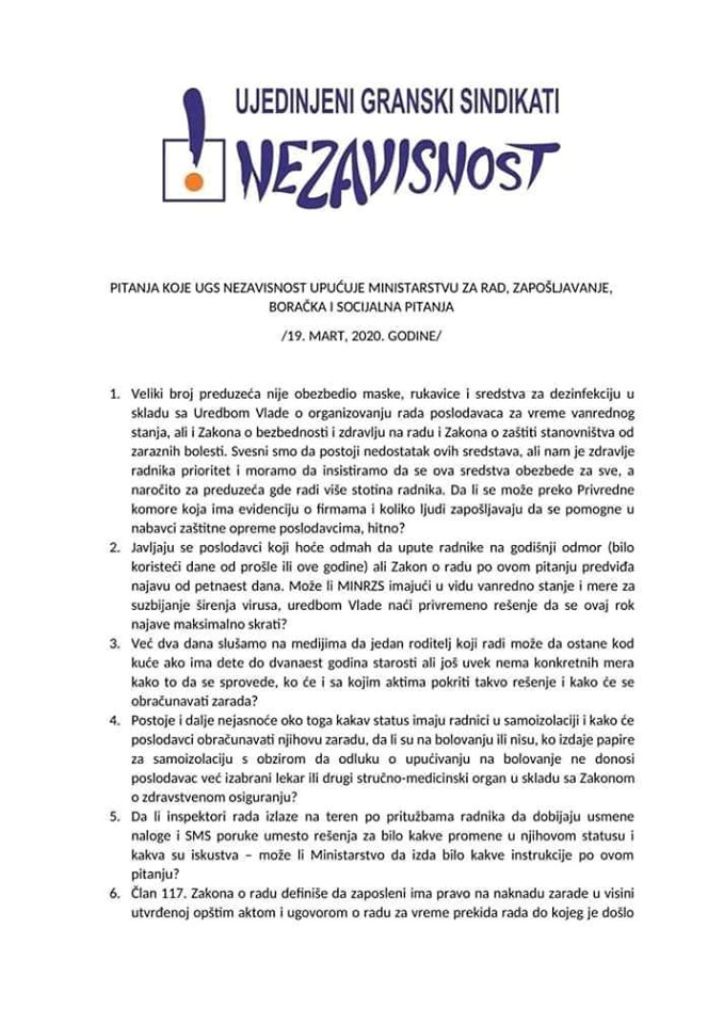 2020 03 19 DOPIS UGS NEZAVISNOST MINISTARSTVU RADA 1