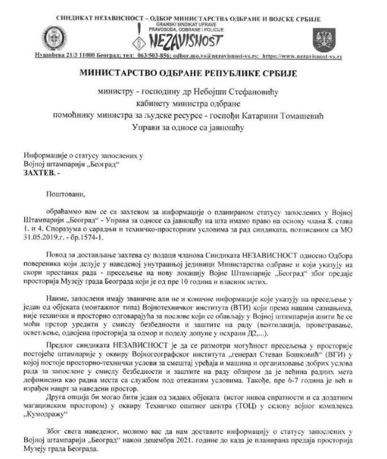 2021 09 16 DOPIS MO STATUS VOJNE STAMPARIJE 2