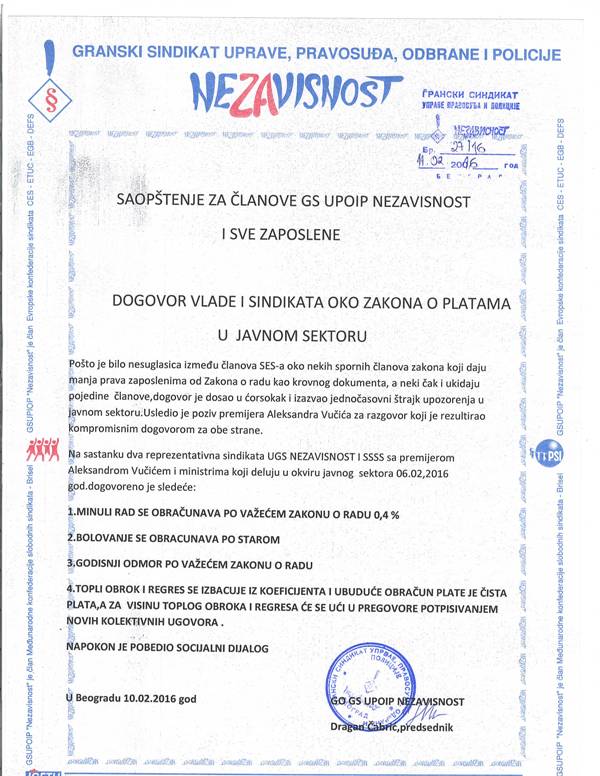 OB999991 11.02.2016.g. Obavestenje o pregovorima sa Vladom   RS