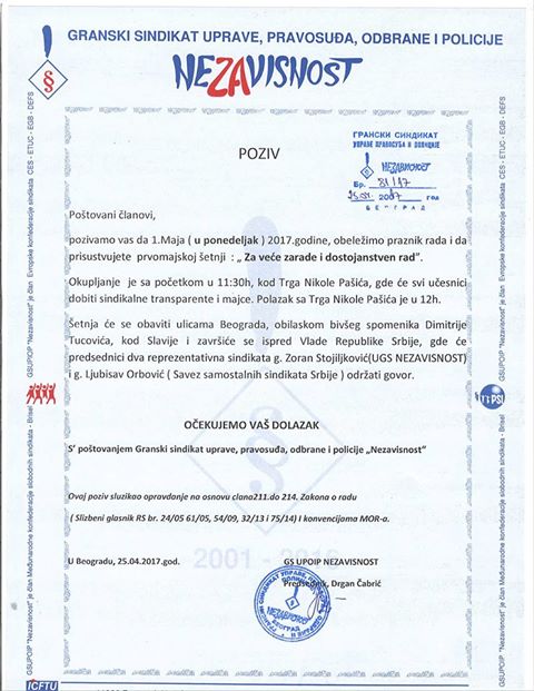 6 26.04.2017.g. POZIV ZA UČEŠĆE U PRVOMAJSKOJ ŠETNJI